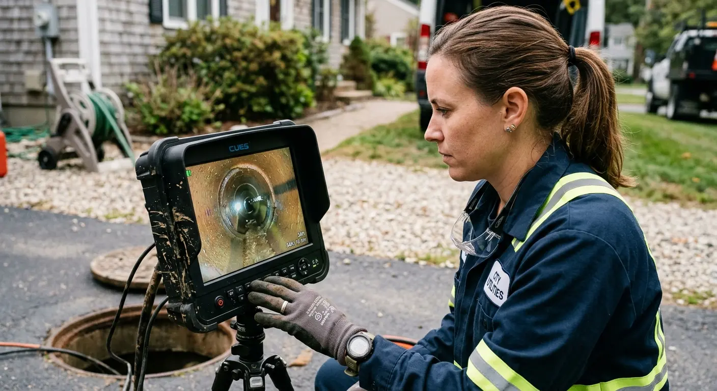 Technician reviewing sewer camera inspection footage in Hamlin