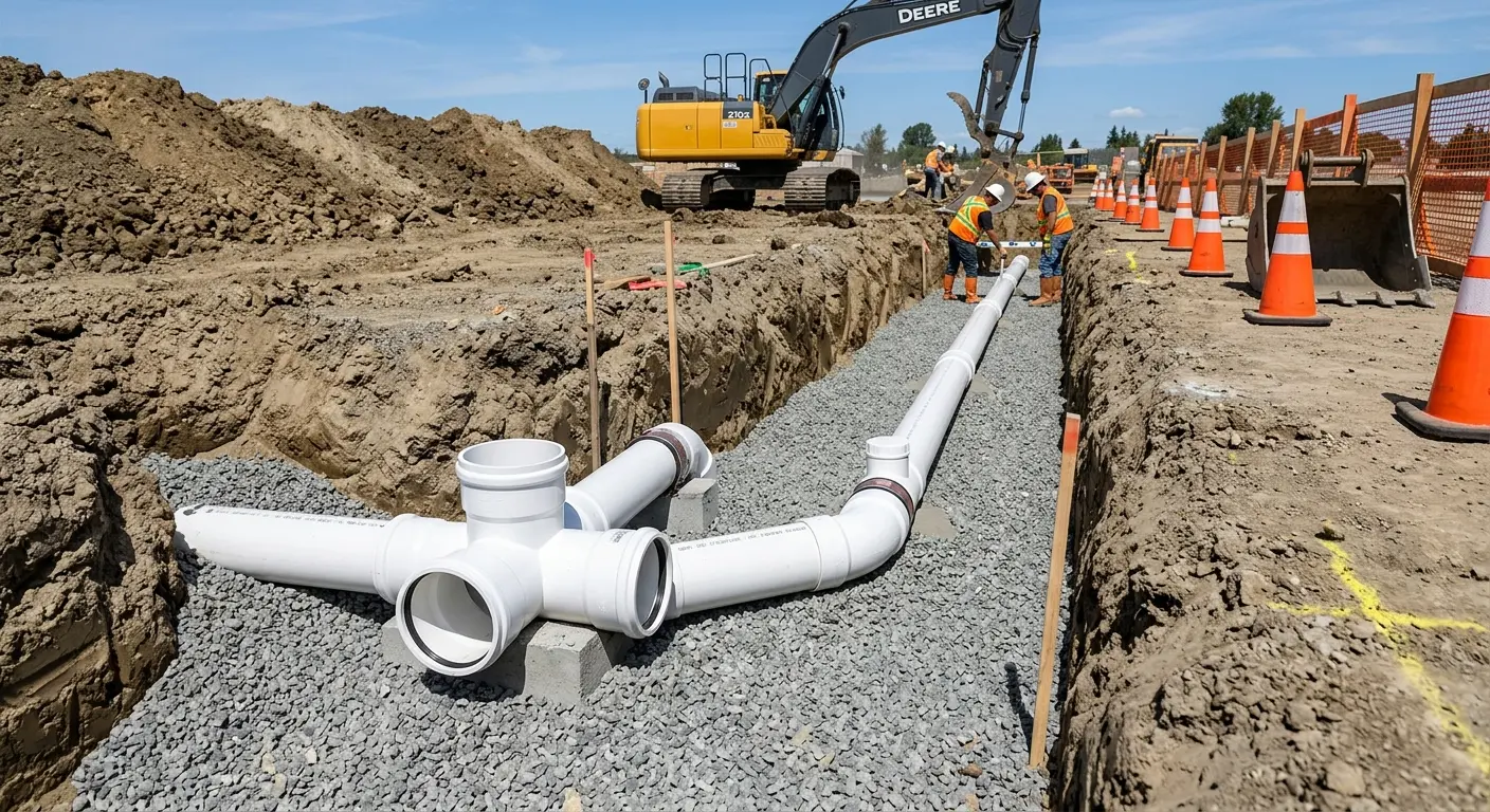 New PVC sewer pipe installation in open trench for Sewer Backup in Hamlin