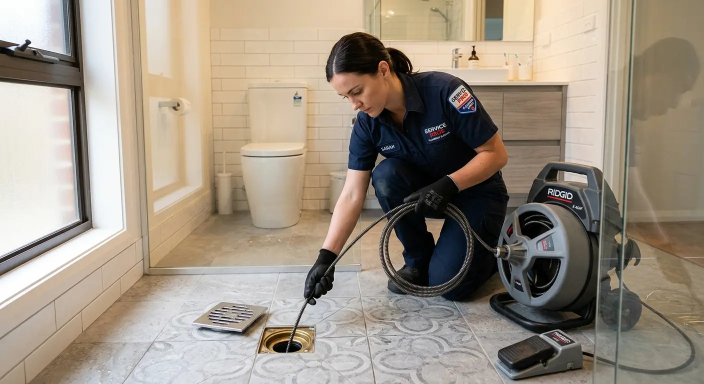 Technician clearing a bathroom floor drain for Drain Cleaning in Hamlin